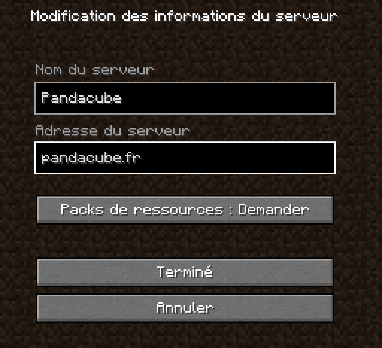 Écran d’ajout d’un nouveau serveur, avec le champ « Adresse IP » contenant « pandacube.fr ».